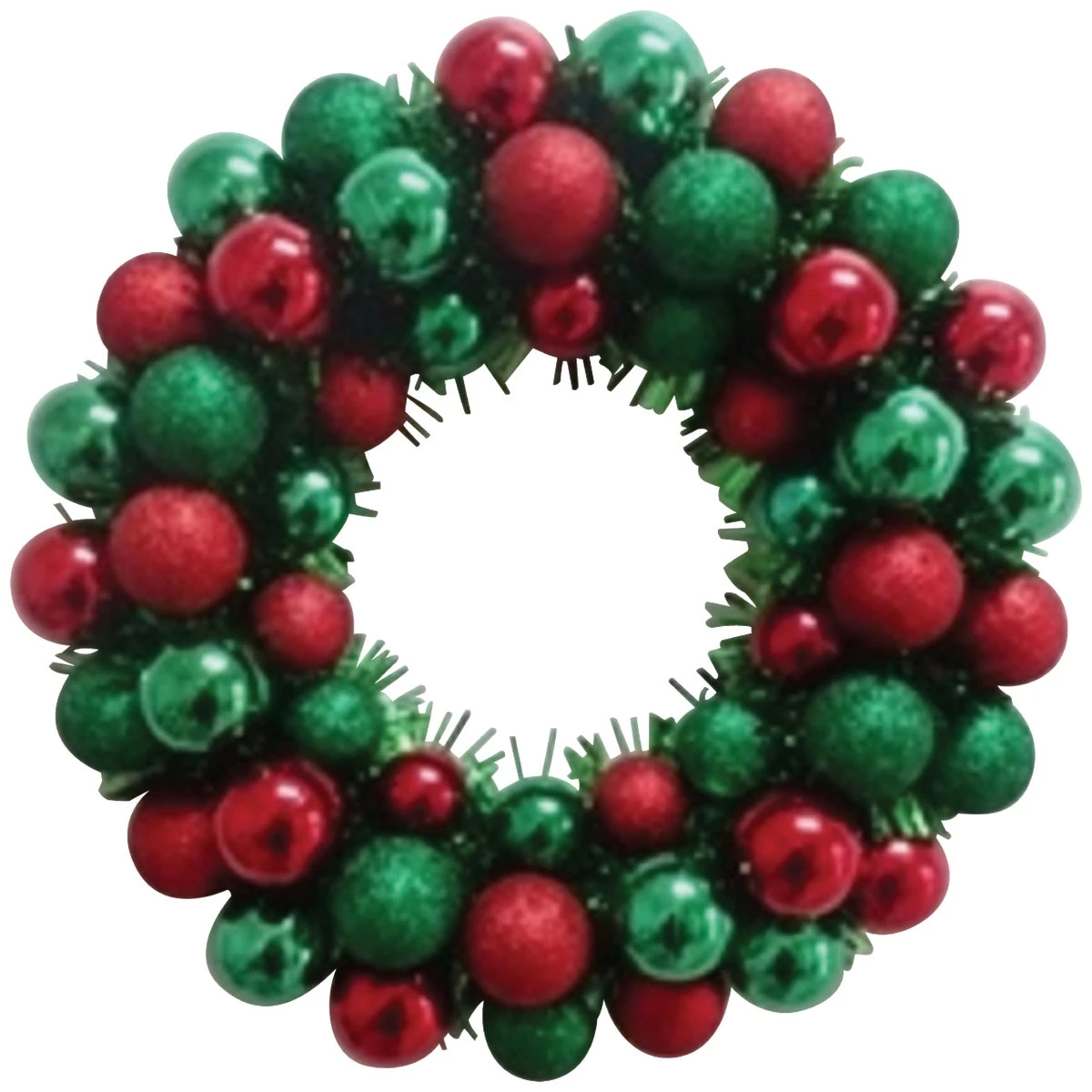 Red And Green Glitter Ball Wreath With Green Tinsel, 16 Inch Round