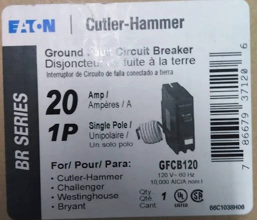 20 Amp Gfci Ground Fault Circuit Breaker, 1-pole, 120 Volt Ac, Type Br
