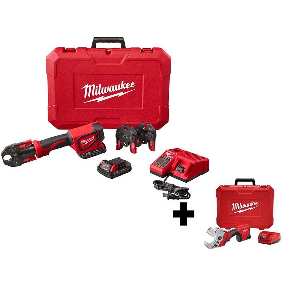 M18 18-Volt Lithium-Ion Cordless Short Throw Press Tool Kit with 3 PEX Crimp Jaws with M12 PVC Shear Kit