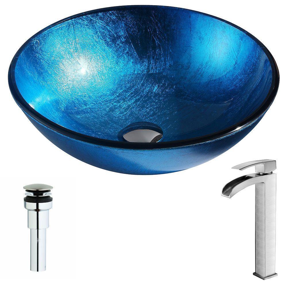 Arc Series Deco-Glass Vessel Sink in Lustrous Light Blue with Key Faucet in Brushed Nickel