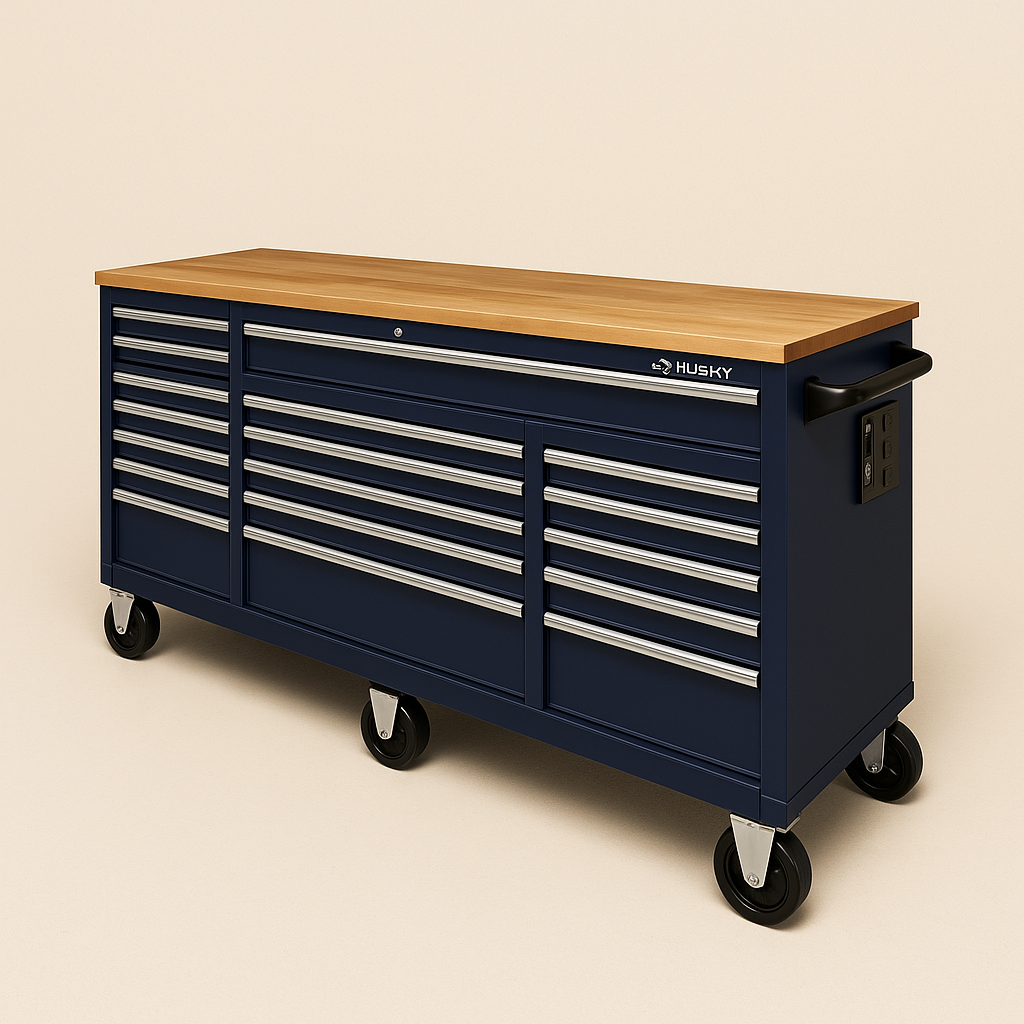 Husky 72 in. 18-Drawer Mobile Workbench with Solid Wood Top - Gloss Blue