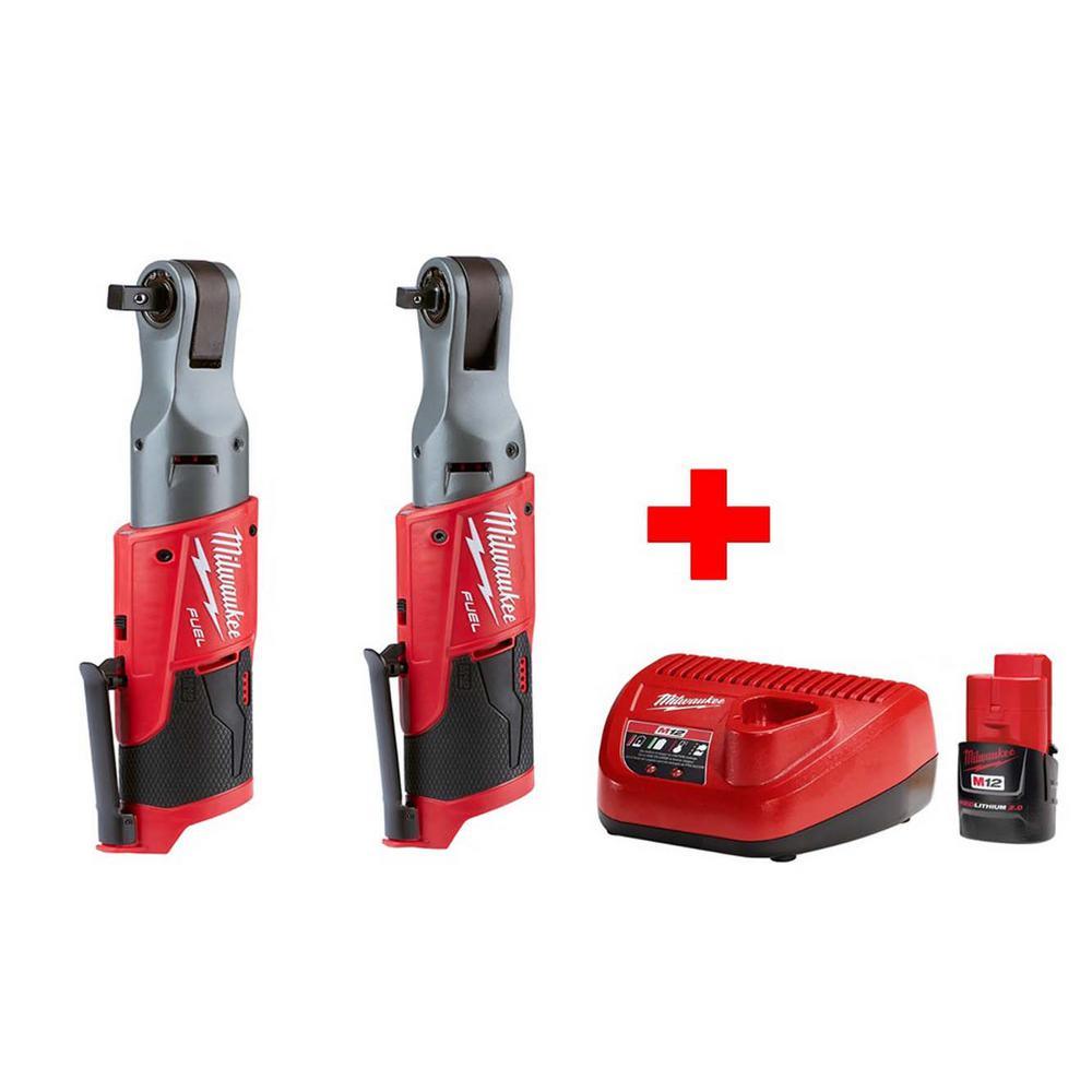 M12 FUEL 12-Volt Lithium-Ion Brushless Cordless 3/8 in. & 1/2 in. Ratchet Combo Kit with (1) 2.0Ah Battery & Charger