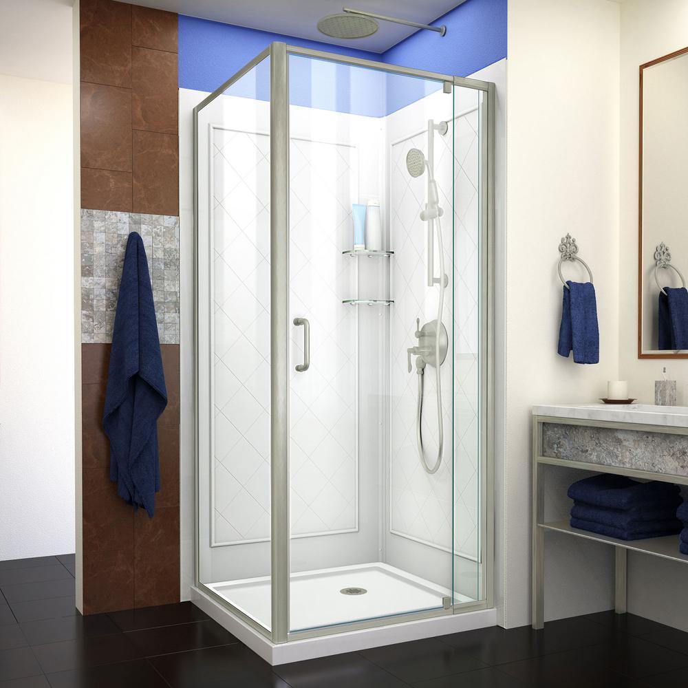 Flex 32 in. x 32 in. x 76.75 in. Framed Corner Pivot Shower Kit in Brushed Nickel with Shower Base in White