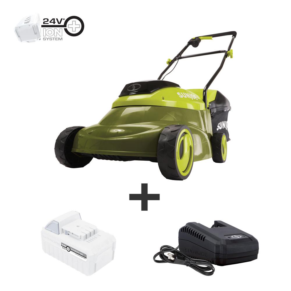 Sun Joe 14 in. 24-Volt Cordless Walk-Behind Push Mower Kit with 5.0 Ah Battery + Charger