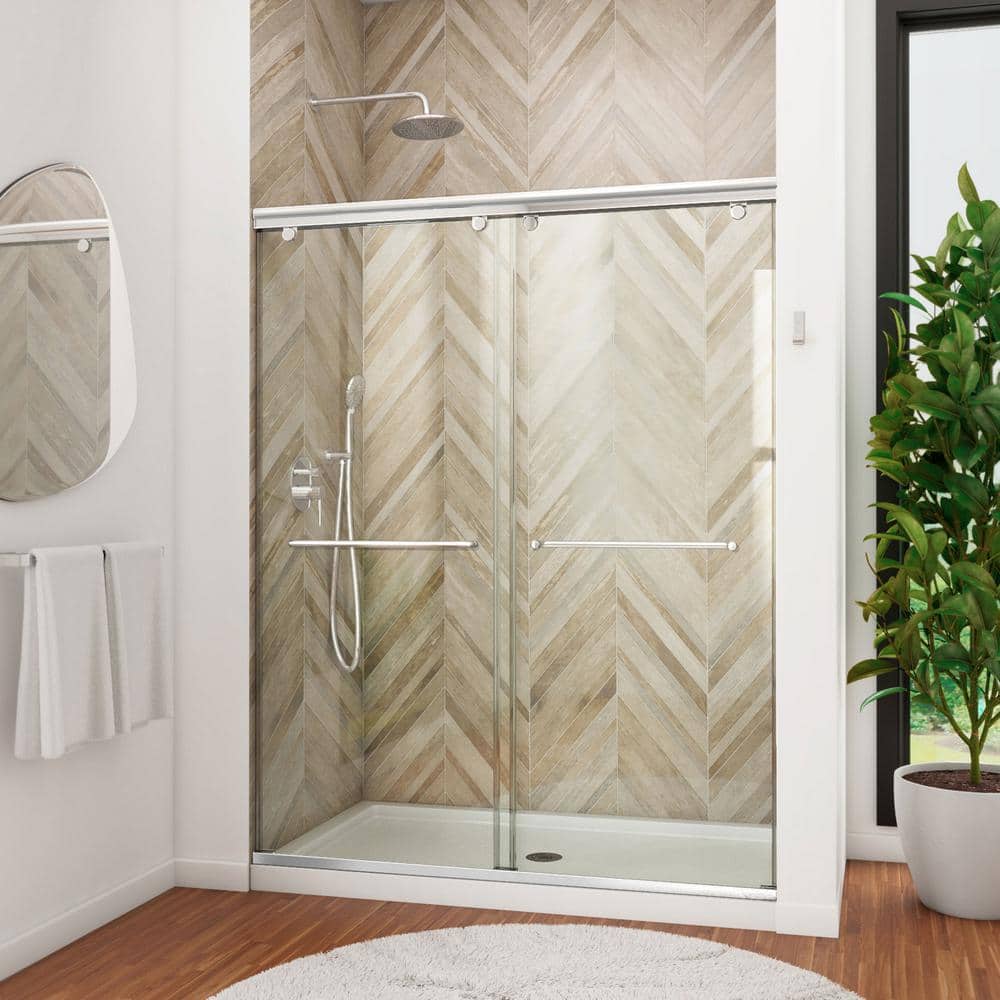 Charisma 36 in. x 60 in. x 78.75 in. Semi-Frameless Sliding Shower Door in Chrome with Center Drain White Acrylic Base