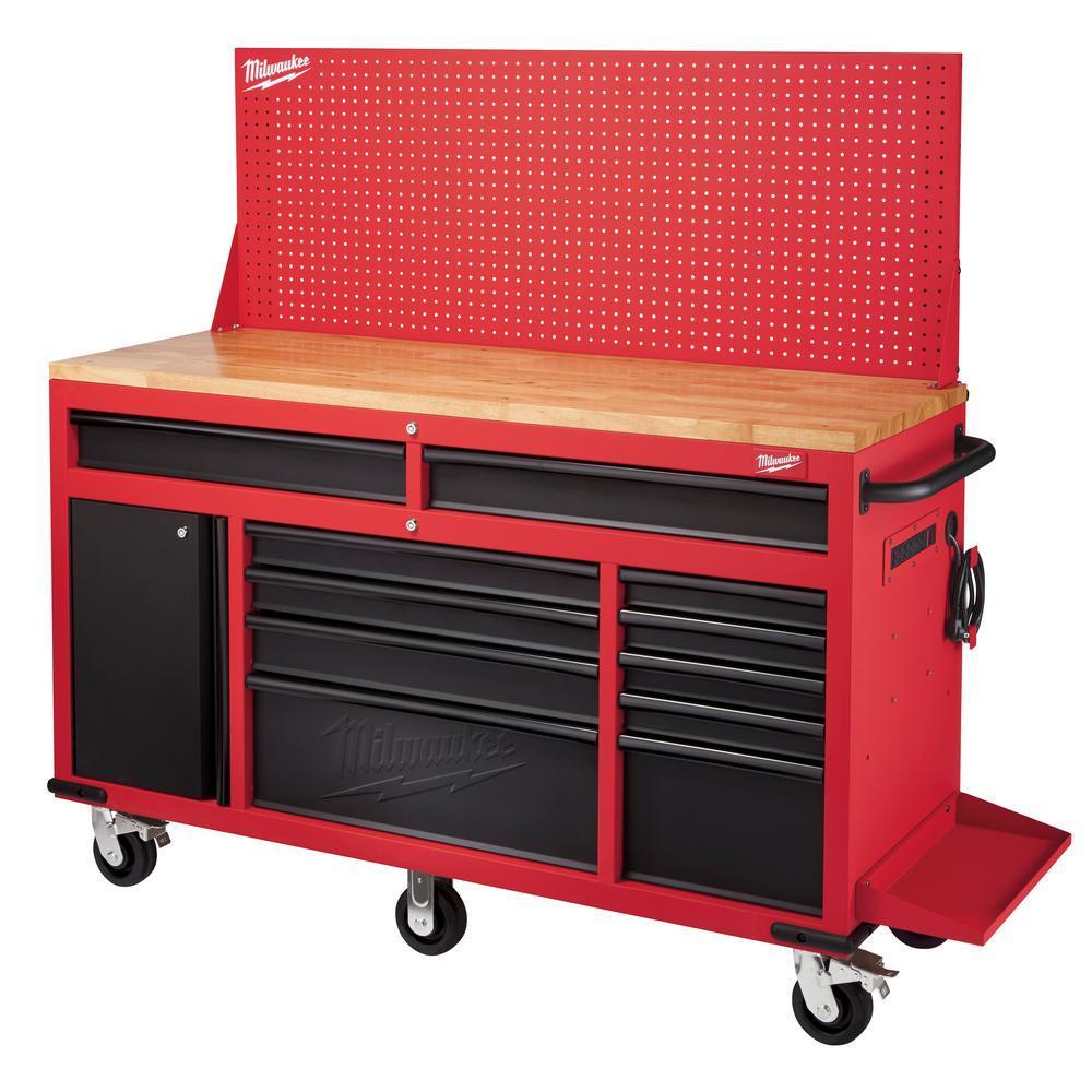 61 in. 11-Drawer/1-Door 22 in. D Mobile Workbench with Sliding Pegboard Back Wall in Red/Black