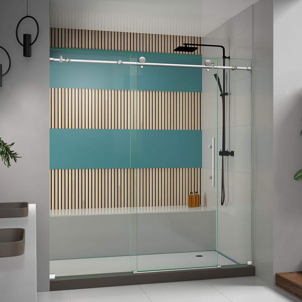 Enigma-X 68 in. to 72 in. x 76 in. Frameless Sliding Shower Door in Brushed Stainless Steel
