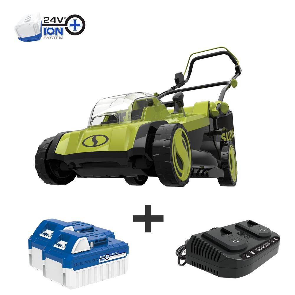 Sun Joe 17 in. 48-Volt iON+ Cordless Electric Walk Behind Push Lawn Mower Kit with 2 x 4.0 Ah Batteries Plus Charger
