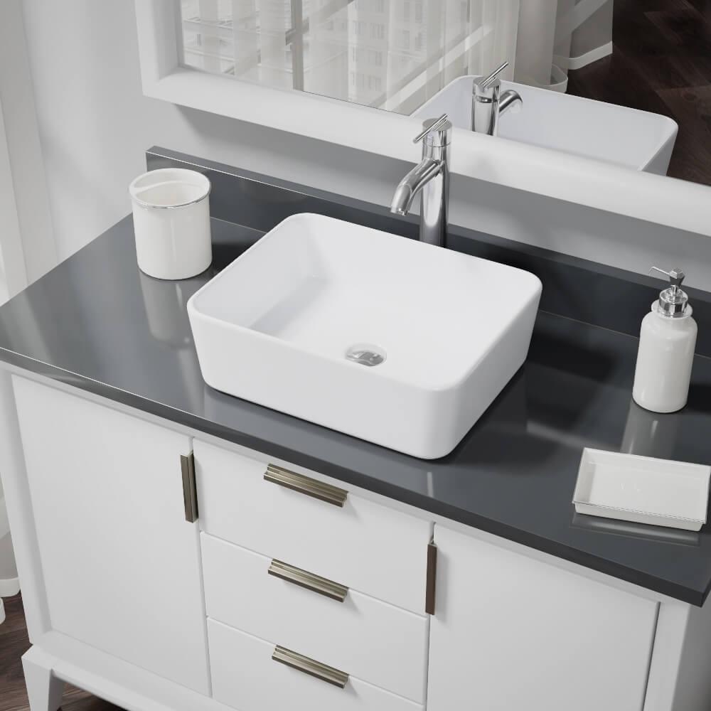 Porcelain Vessel Sink in White with 7001 Faucet and Pop-Up Drain in Chrome