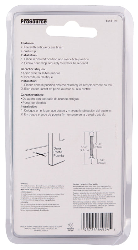 ProSource H61-Z011C-PS Light-Duty Door Stop, 3/4 in Dia Base, 3 in Projection, Plastic & Steel, Antique Brass