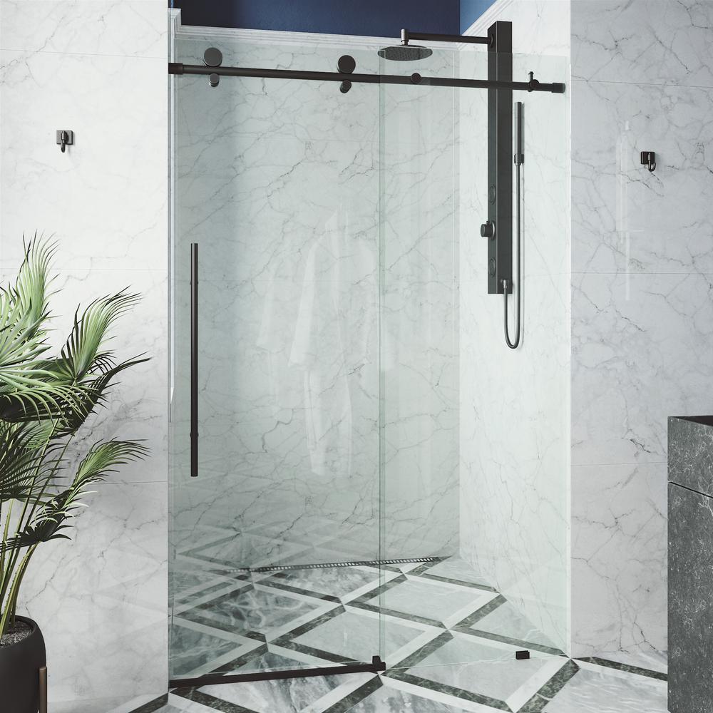 Elan E-class 60 in. x 76 in. Frameless Sliding Shower Door in Matte Black with Clear Glass and Handle