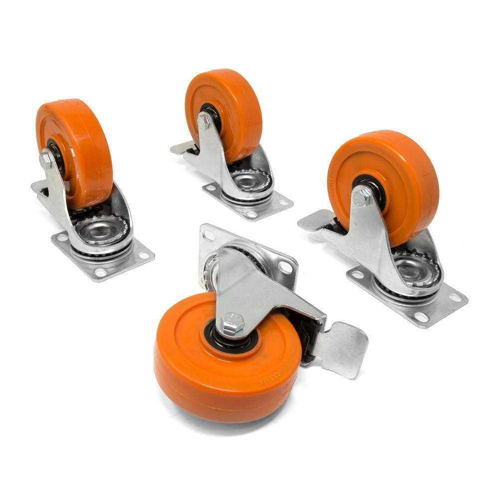 3 in. 220 lbs. Capacity Polyurethane Double Ball-Bearing Swivel Plate Caster with Brake (4-Pack)