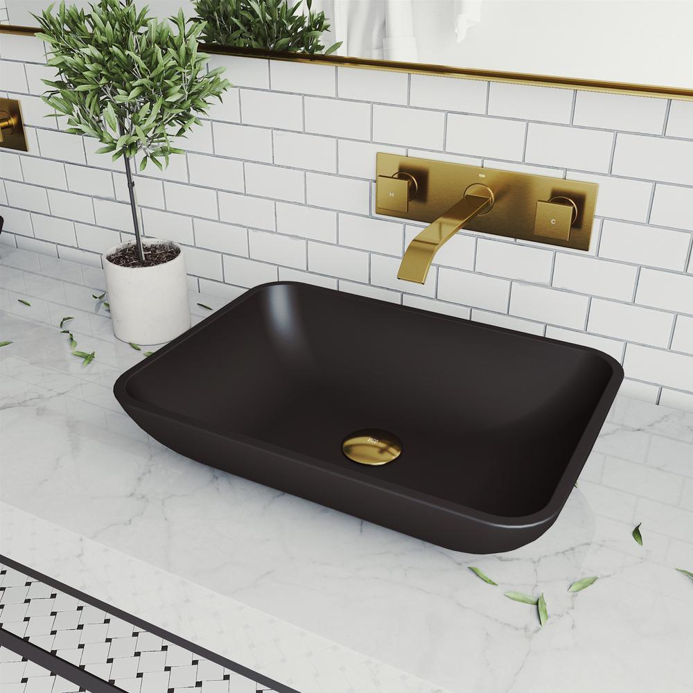 Sottile Glass Vessel Bathroom Sink in Black with Titus Faucet in Matte Gold