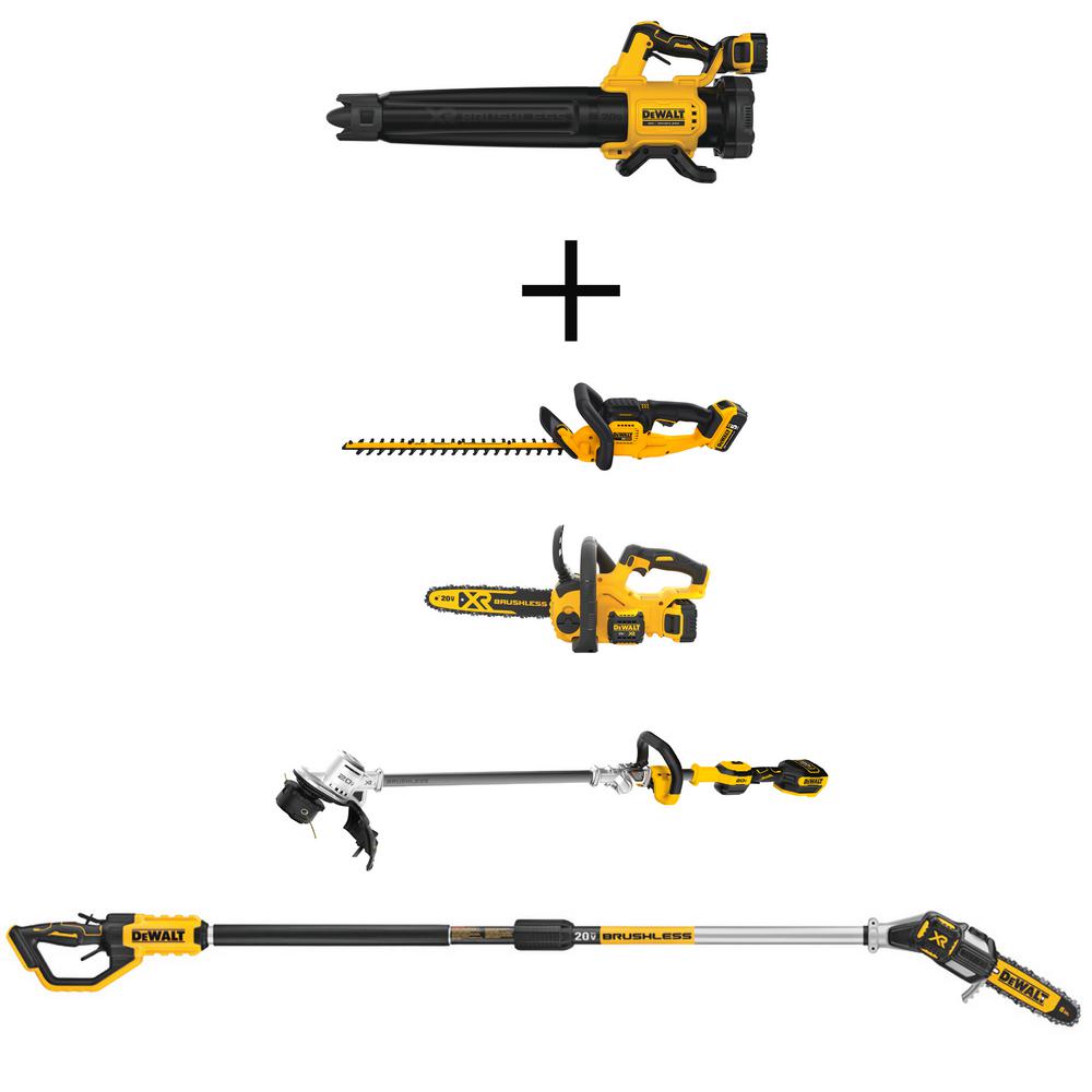 DEWALT 125 MPH 450 CFM 20V Li-Ion Cordless Blower w/ 20V Hedge Trimmer, 12 in. Chainsaw, String Trimmer & 8 in. Pole Saw