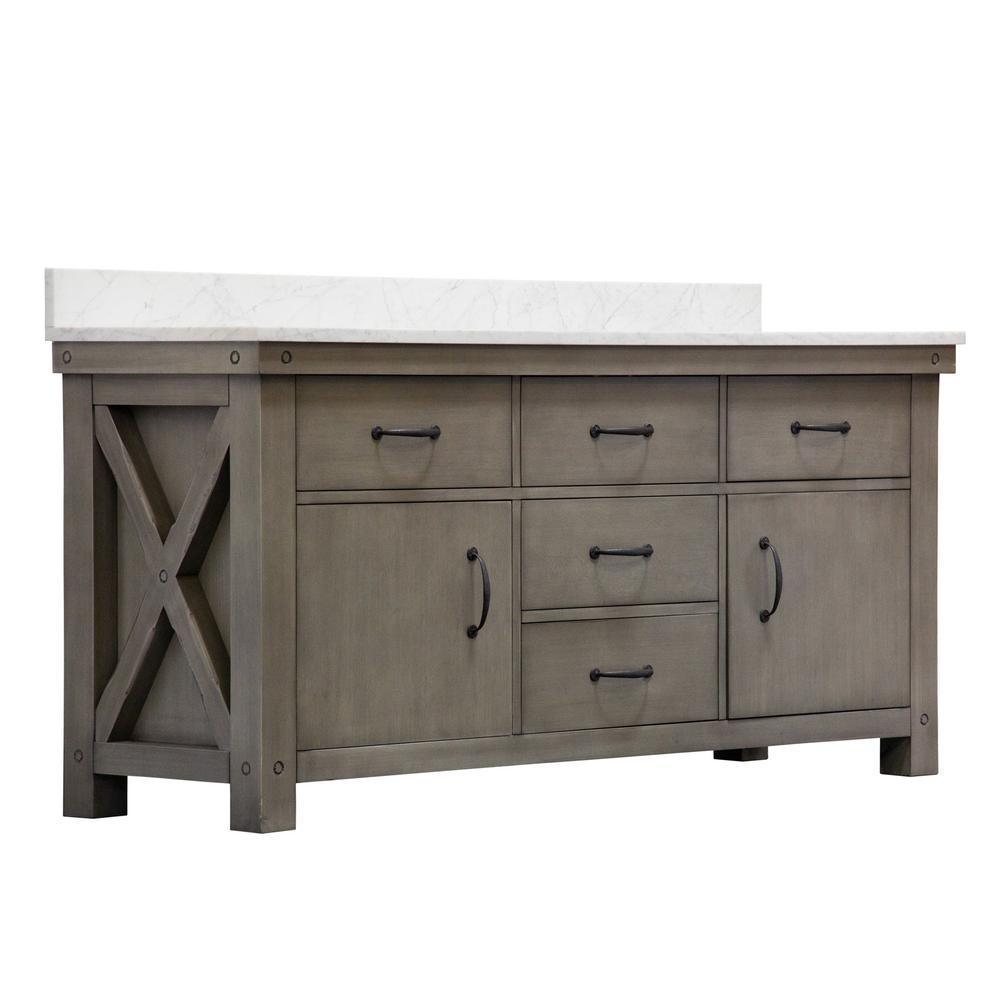 Aberdeen 72 in. W x 34 in. H Vanity in Gray with Marble Vanity Top in Carrara White with White Basins