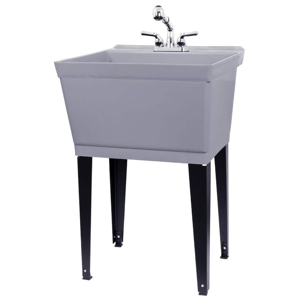 TEHILA 22.875" x 23.5" Grey 19 Gal Utility Sink Set with Chrome Pull-Out Faucet