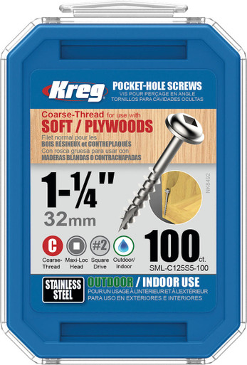 Kreg Stainless Screw Coarse Thread Maxi-Loc Head 1-1/4" - 1-1/2" - 2-1/2" x #8 Box SML-C-SS Series