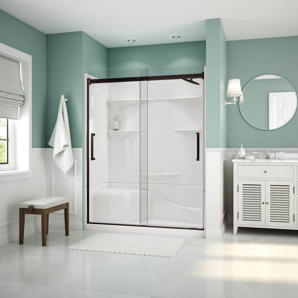 Coronado Acrylx 60 in. x 30 in. Single Threshold Right Drain Shower Kit in White with Bench with Door in Dark Bronze