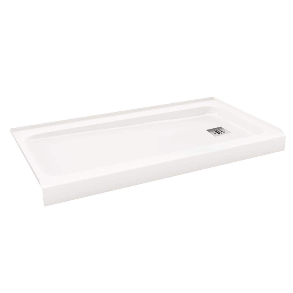 ShowerCast 60 in. x 30 in. Single Threshold Shower Pan in White with Modern Square Chrome Shower Drain Cover Right Drain