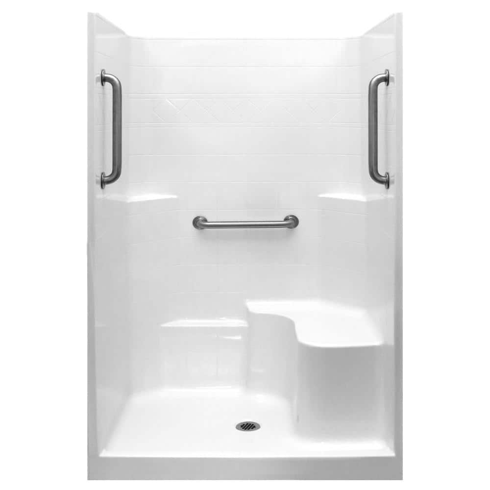 Classic 37 in. x 48 in. x 80 in. 1-Piece Low Threshold Shower Stall in White, Grab Bars, RHS Molded Seat, Center Drain